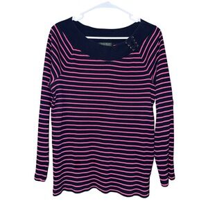 Lauren Ralph Lauren Striped Sweater Women 1X Navy Pink Preppy Nautical Coastal